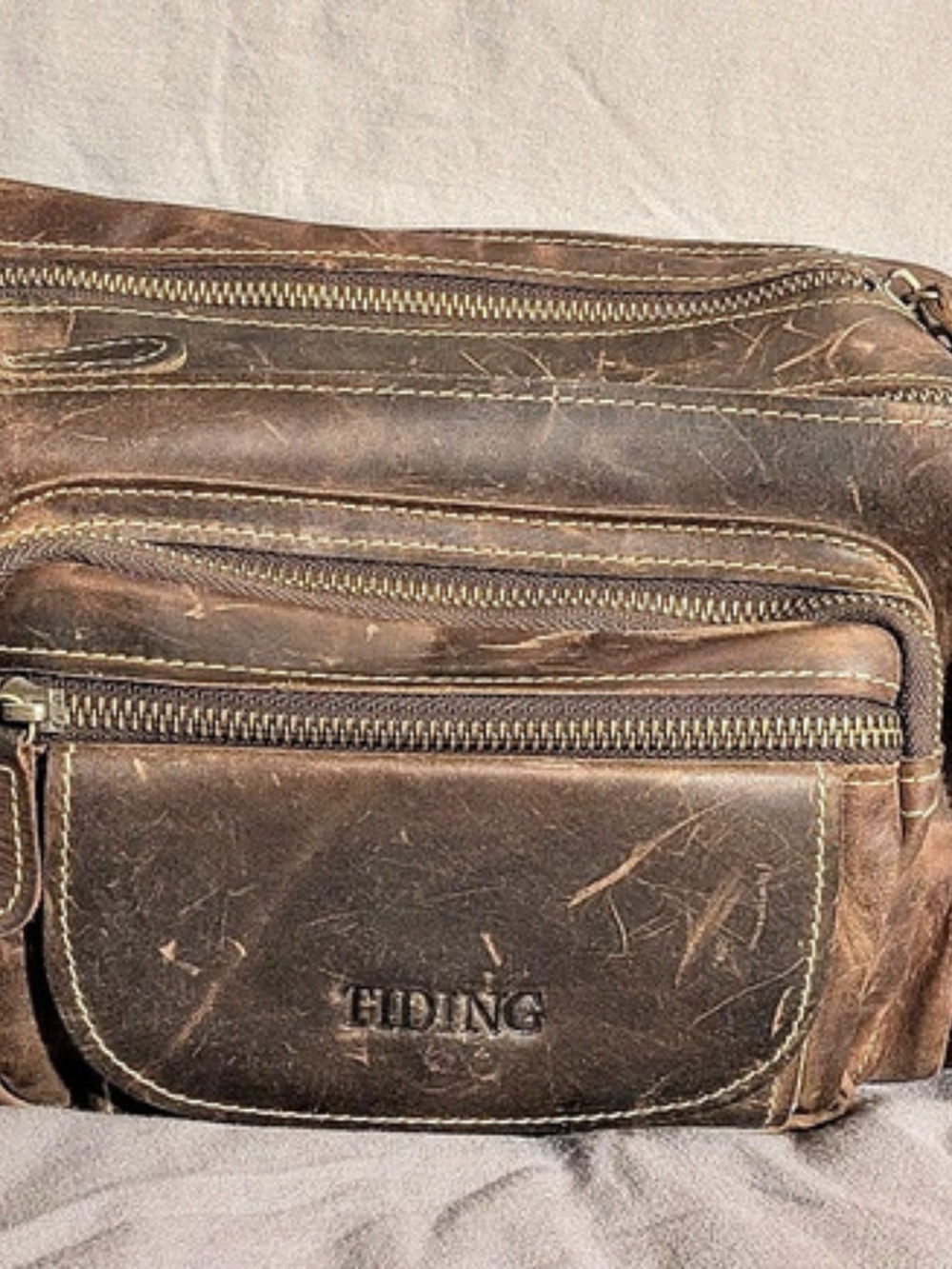TIDING Vintage Genuine Leather Multi-Pocket Waist Bag Brown